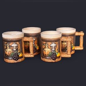 4 VINTAGE 70’s Tilso Japan Hand Painted Wood Grain Beer Tankard Mugs